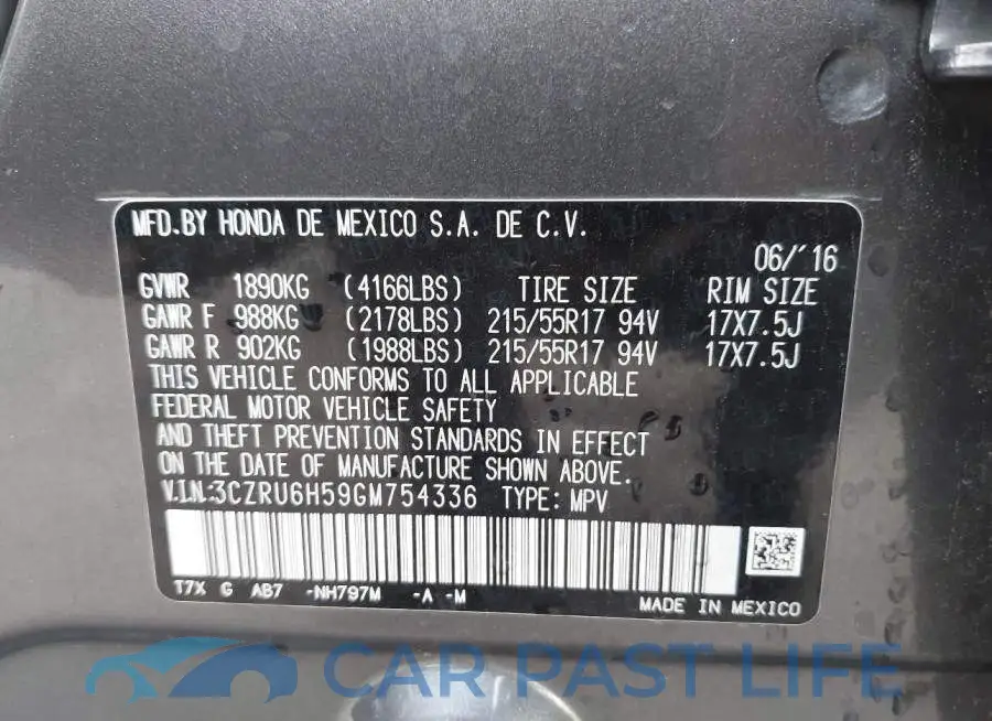 3CZRU6H59GM754336# 9