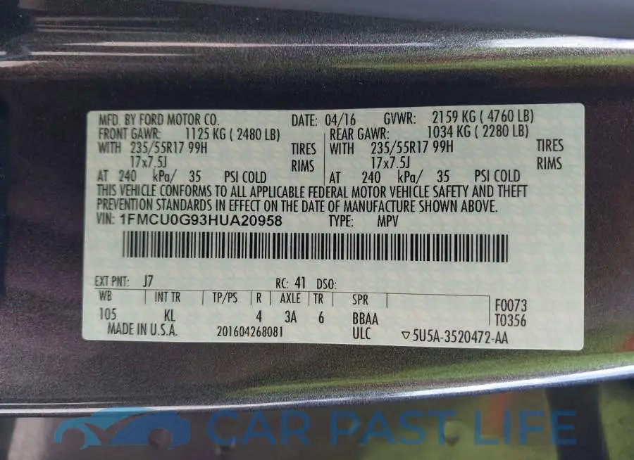 1FMCU0G93HUA20958# 9
