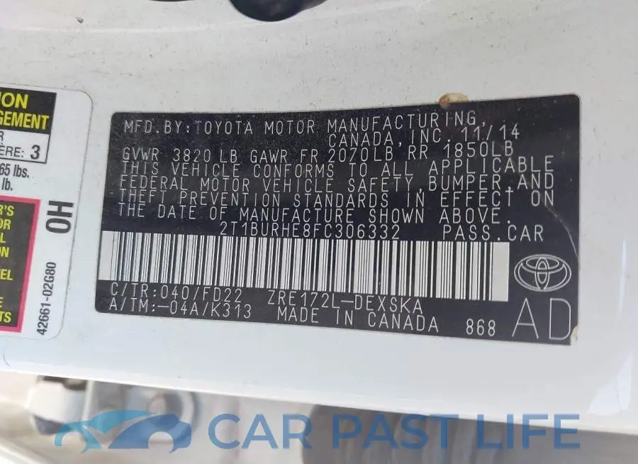 2T1BURHE8FC306332# 9