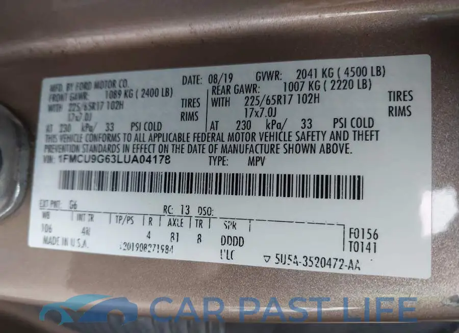 1FMCU9G63LUA04178# 9