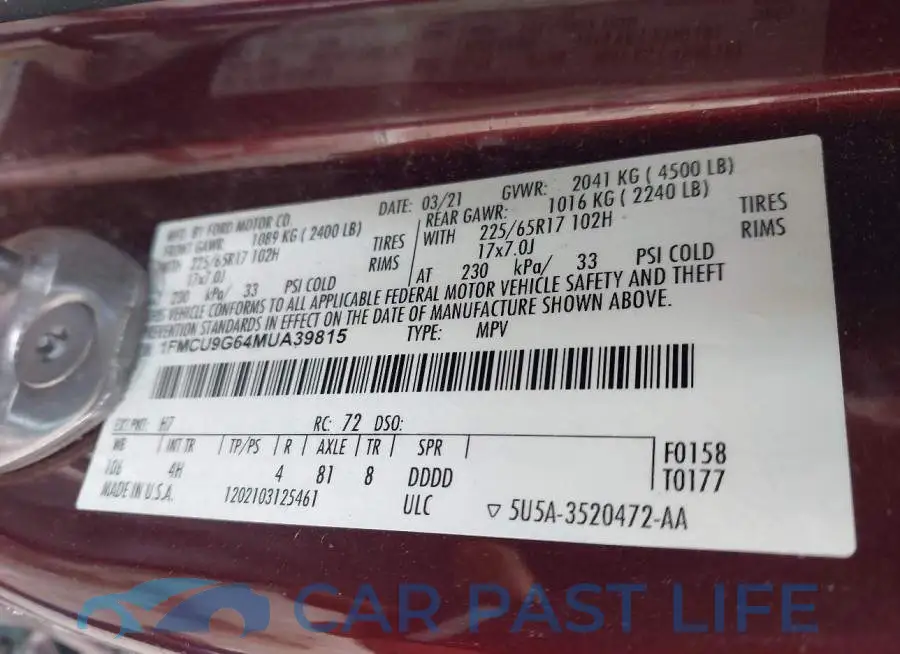 1FMCU9G64MUA39815# 9