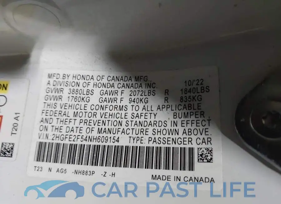 2HGFE2F54NH609154# 9