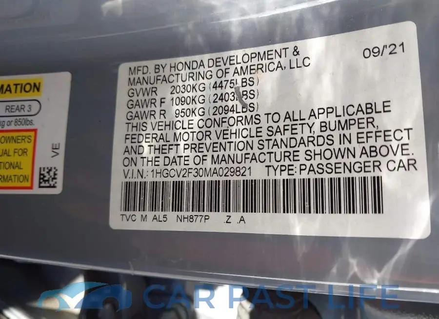 1HGCV2F30MA029821# 9