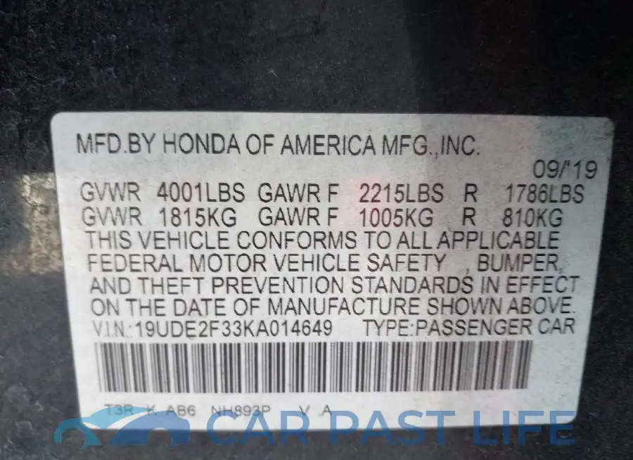19UDE2F33KA014649# 9