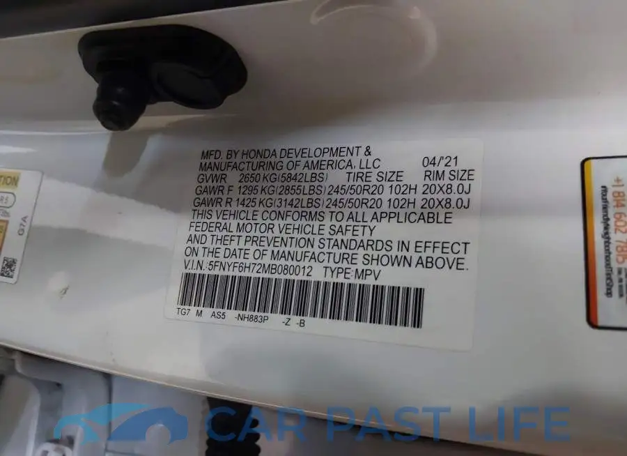 5FNYF6H72MB080012# 9