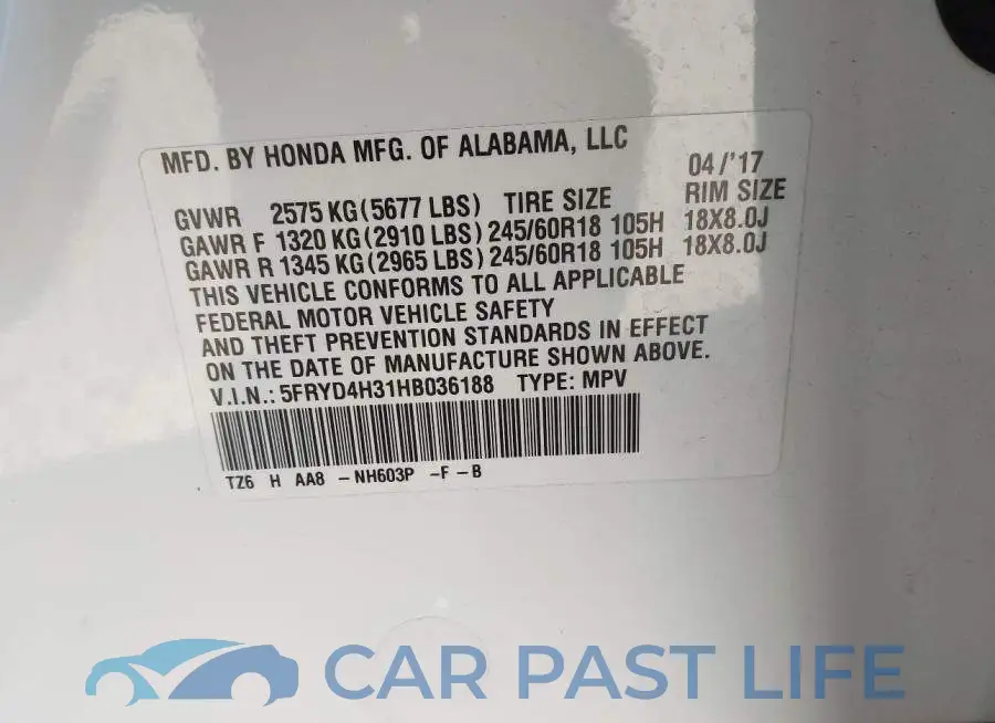 5FRYD4H31HB036188# 9