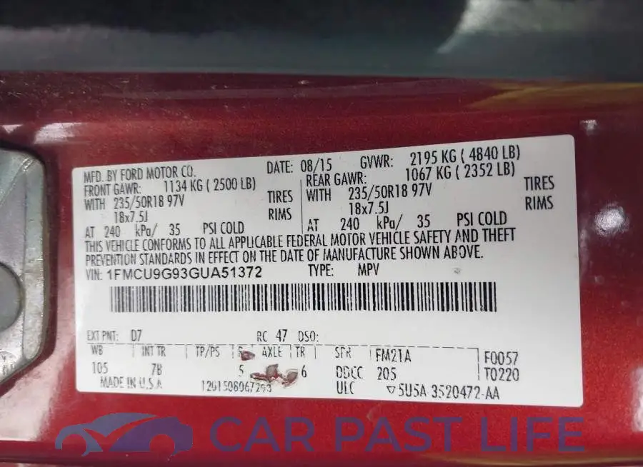 1FMCU9G93GUA51372# 9