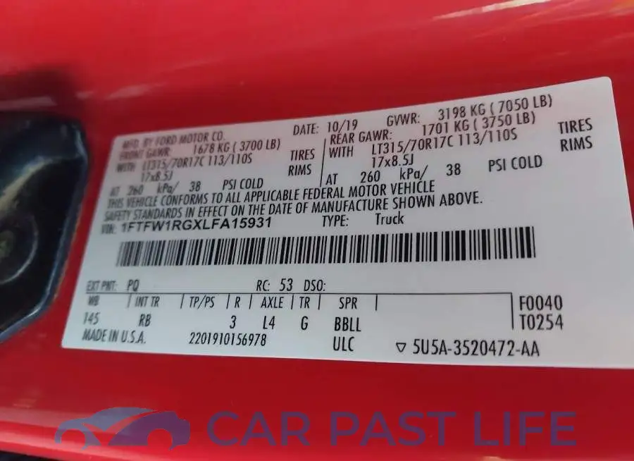 1FTFW1RGXLFA15931# 9