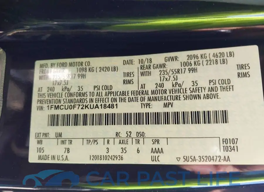 1FMCU0F72KUA18481# 9