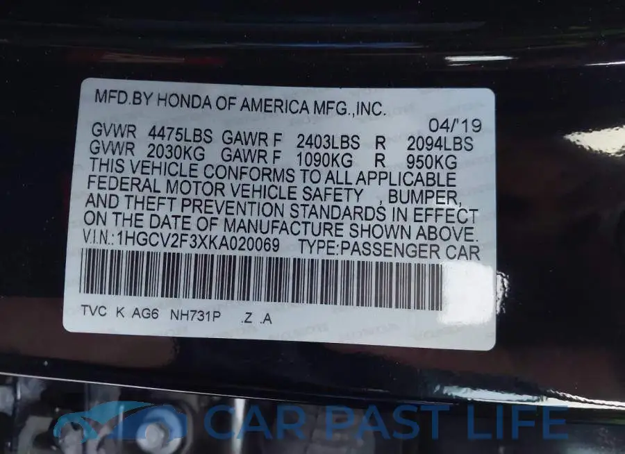 1HGCV2F3XKA020069# 9