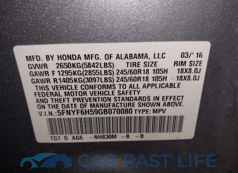 5FNYF6H59GB070080# 9