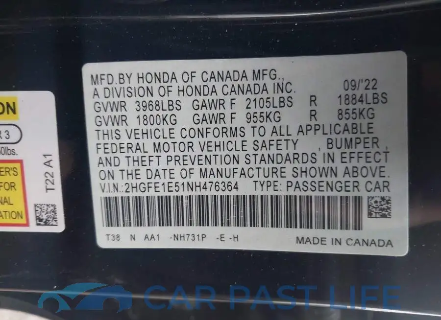 2HGFE1E51NH476364# 9