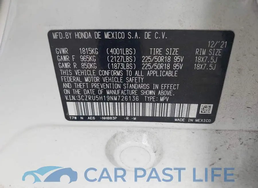 3CZRU5H19NM726136# 9
