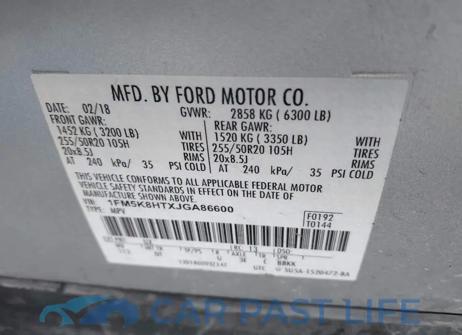 1FM5K8HTXJGA86600# 9