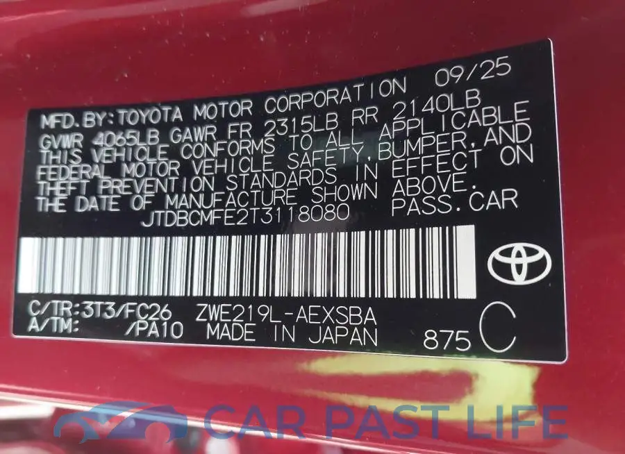 JTDBCMFE2T3118080# 9