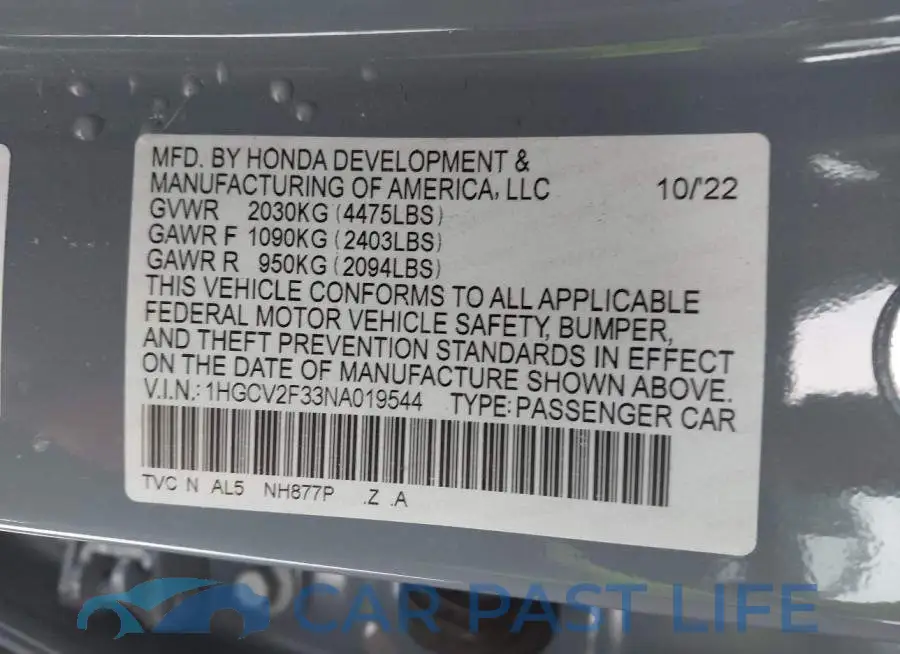1HGCV2F33NA019544# 9