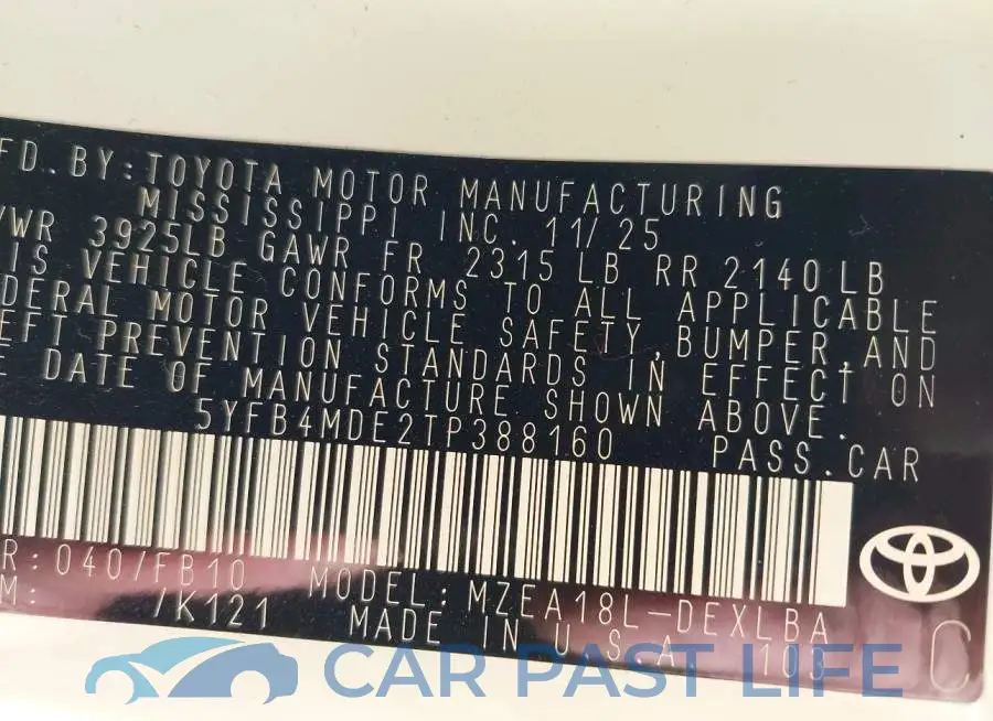 5YFB4MDE2TP388160# 9