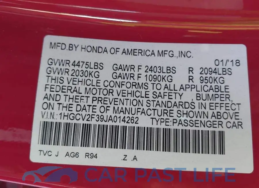 1HGCV2F39JA014262# 9