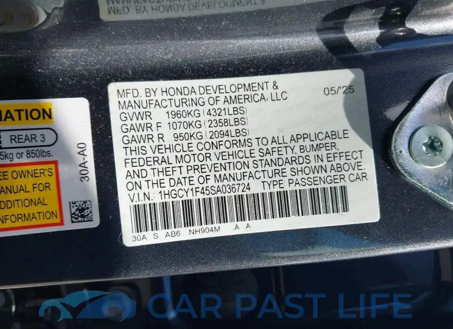1HGCY1F45SA036724# 9