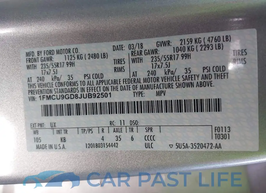 1FMCU9GD8JUB92501# 9