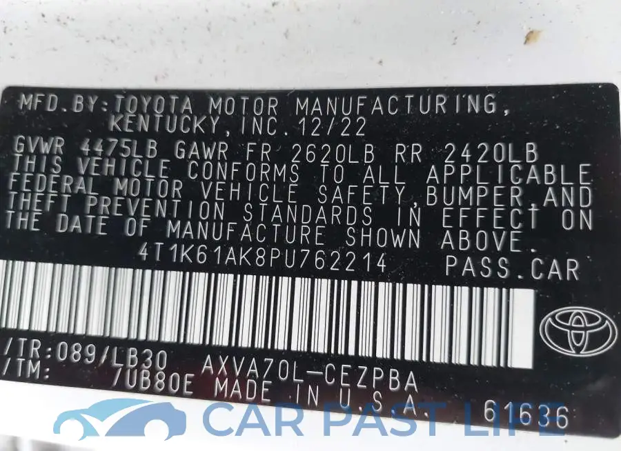 4T1K61AK8PU762214# 9