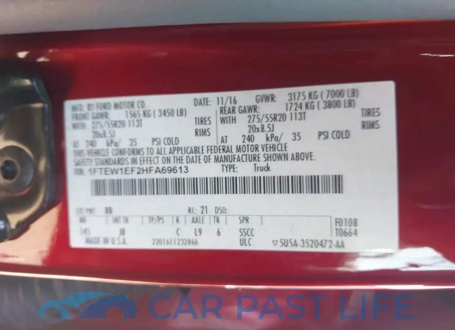 1FTEW1EF2HFA69613# 9