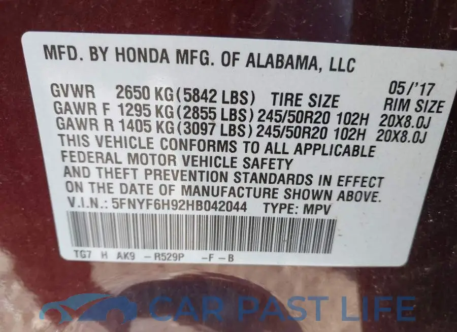 5FNYF6H92HB042044# 9