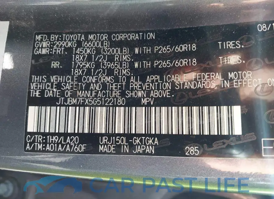 JTJBM7FX5G5122180# 9