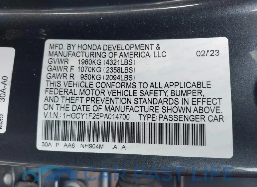 1HGCY1F25PA014700# 9