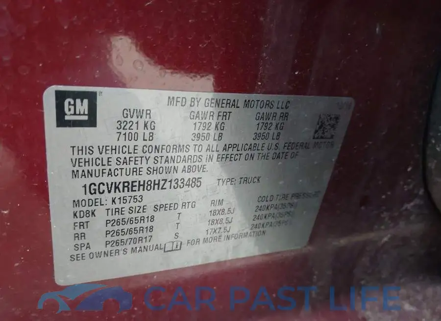1GCVKREH8HZ133485# 9