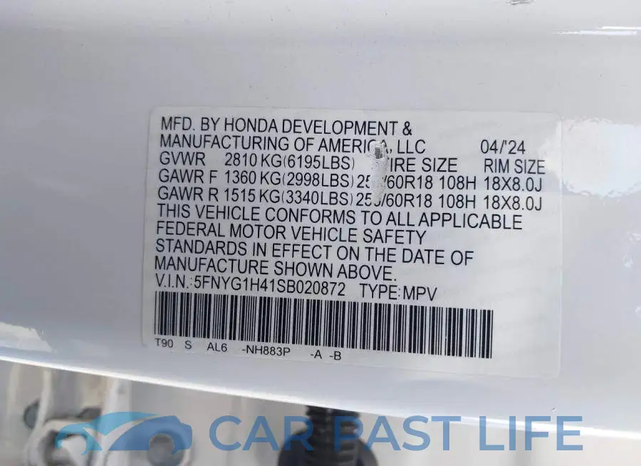 5FNYG1H41SB020872# 9