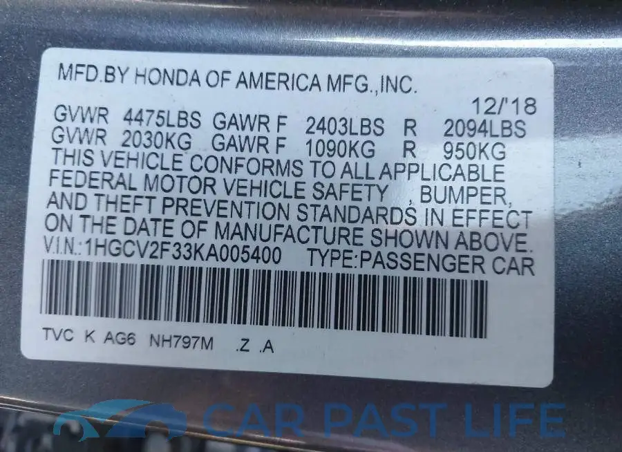 1HGCV2F33KA005400# 9