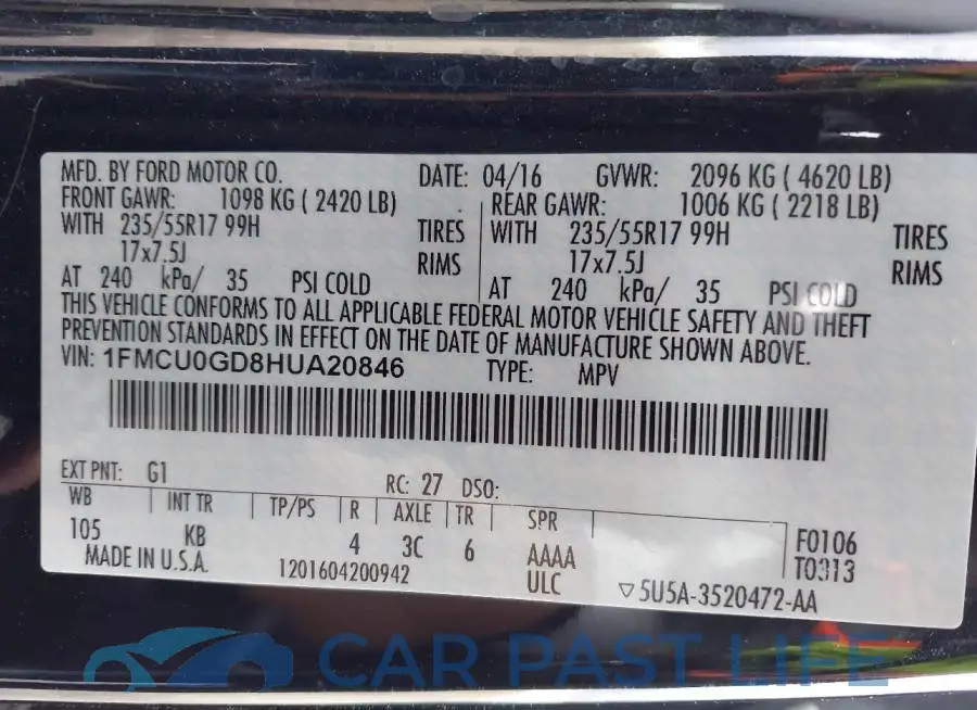 1FMCU0GD8HUA20846# 9