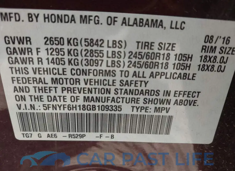 5FNYF6H18GB109335# 9