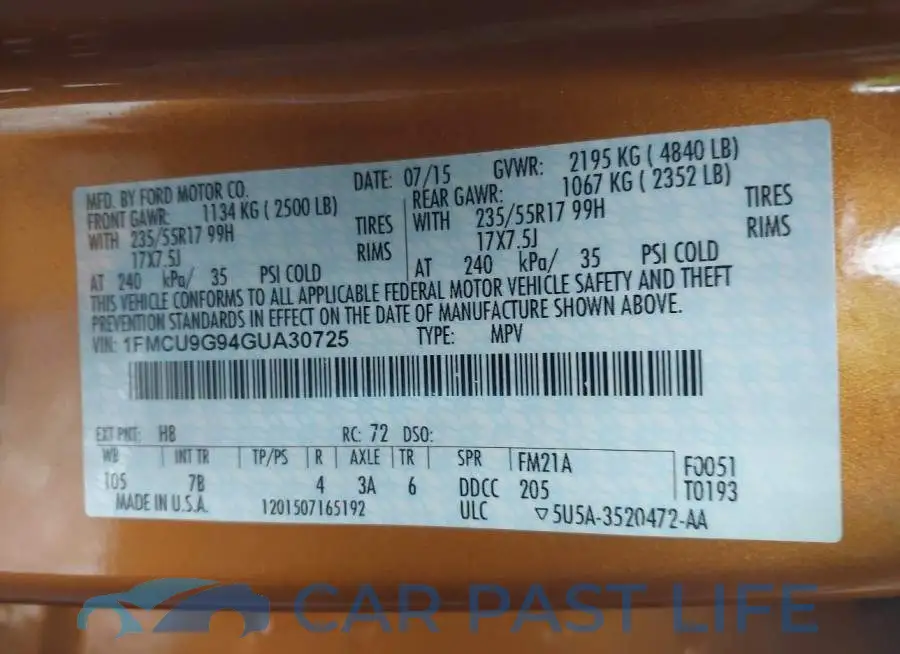 1FMCU9G94GUA30725# 9
