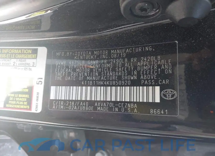 4T1B11HK4KU850920# 9