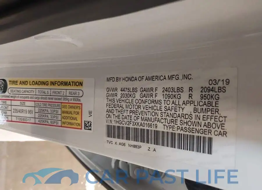 1HGCV2F3XKA016619# 9