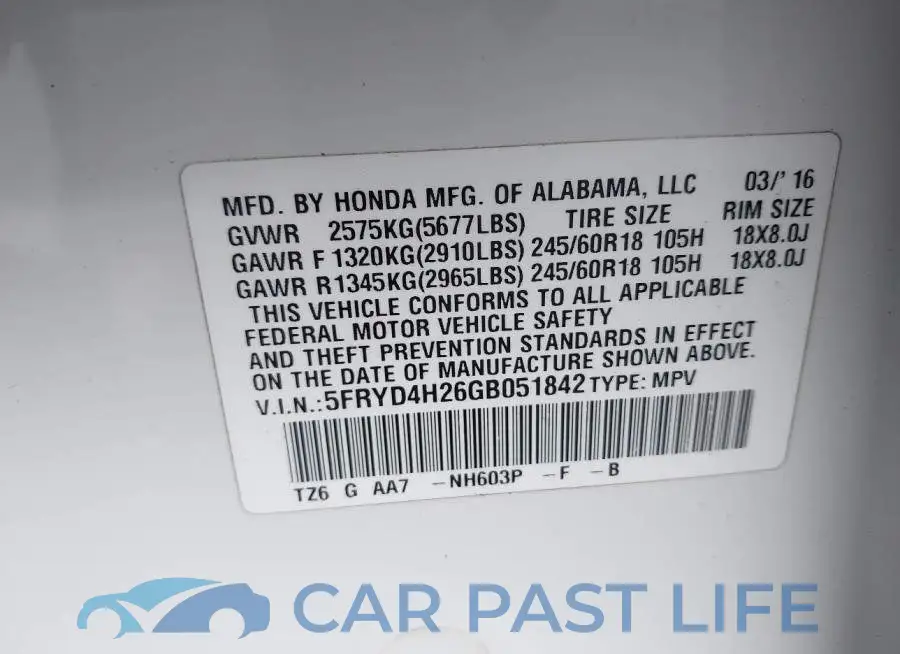 5FRYD4H26GB051842# 9