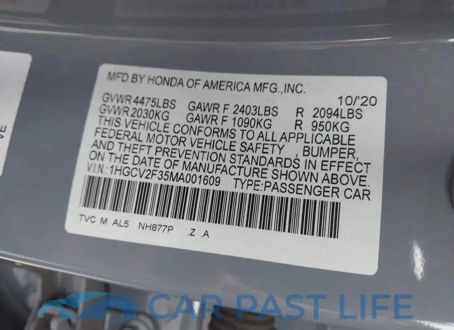 1HGCV2F35MA001609# 9