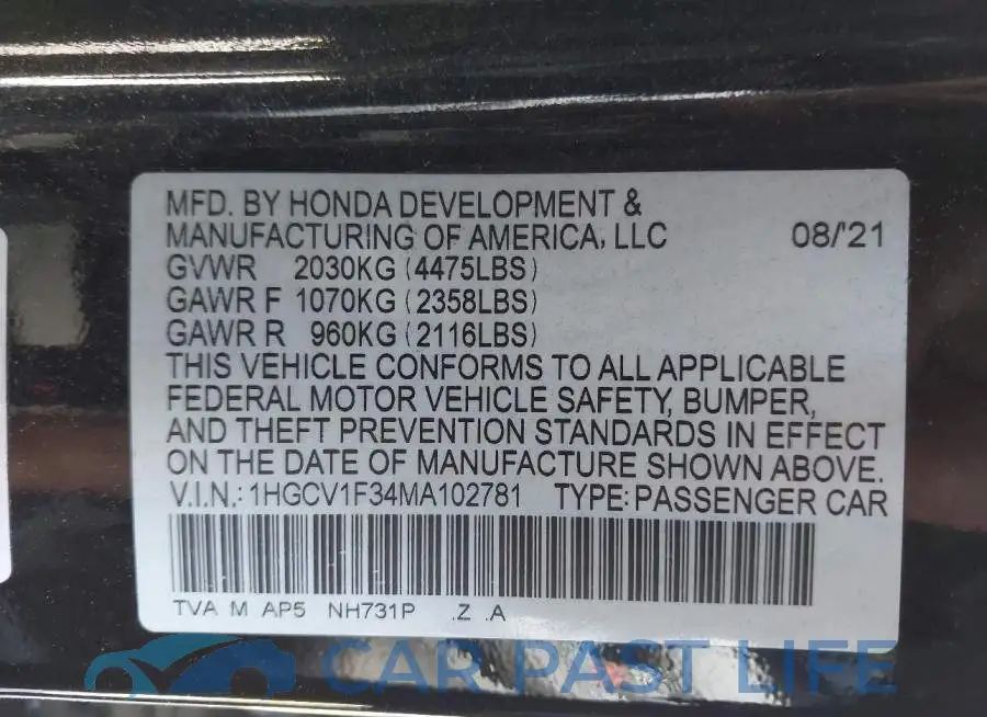 1HGCV1F34MA102781# 9
