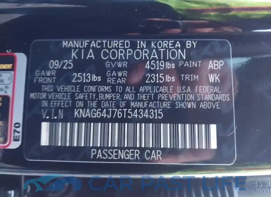 KNAG64J76T5434315# 9