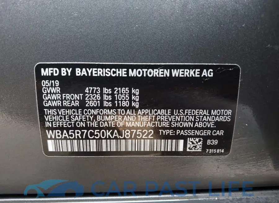 WBA5R7C50KAJ87522# 9