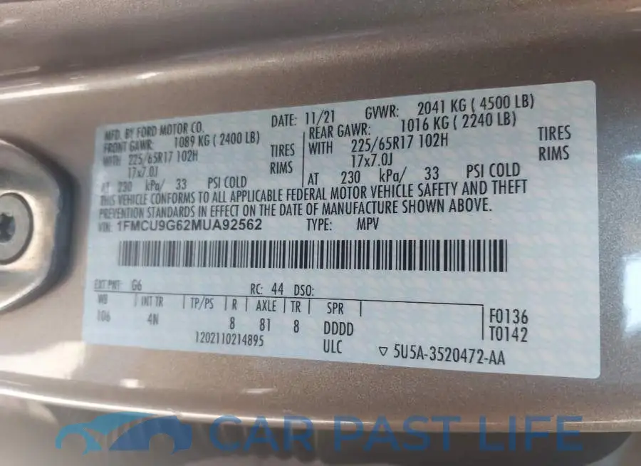 1FMCU9G62MUA92562# 9