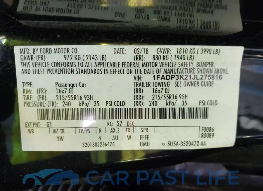 1FADP3K21JL275816# 9