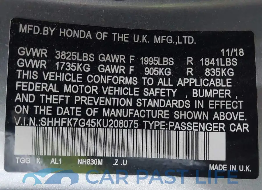 SHHFK7G45KU208075# 9