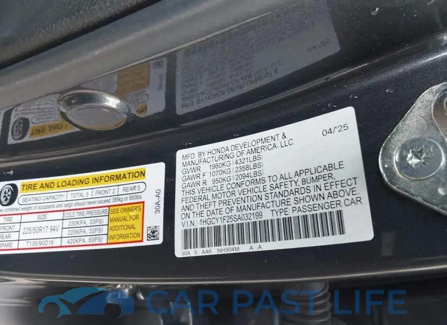 1HGCY1F25SA032199# 9