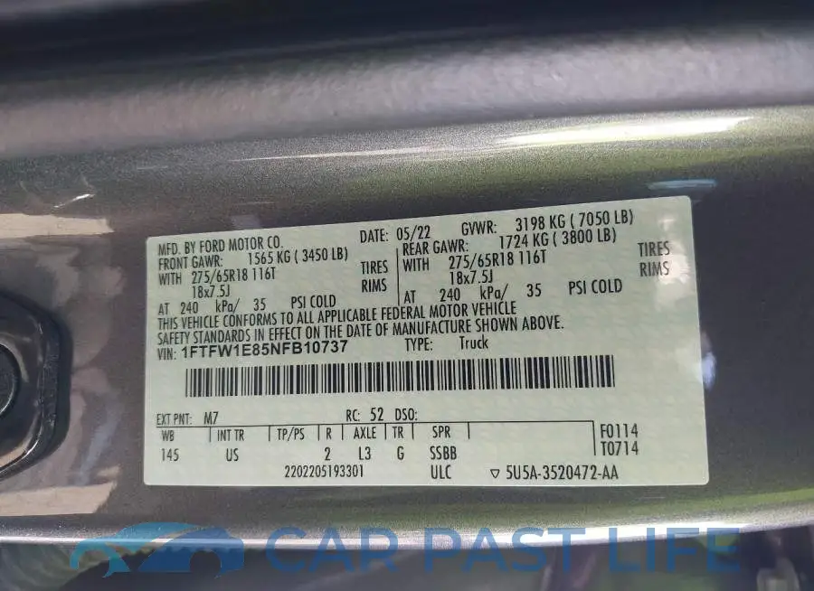 1FTFW1E85NFB10737# 9
