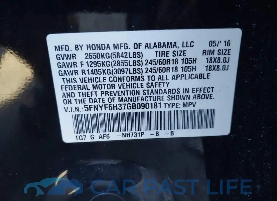5FNYF6H37GB090181# 9