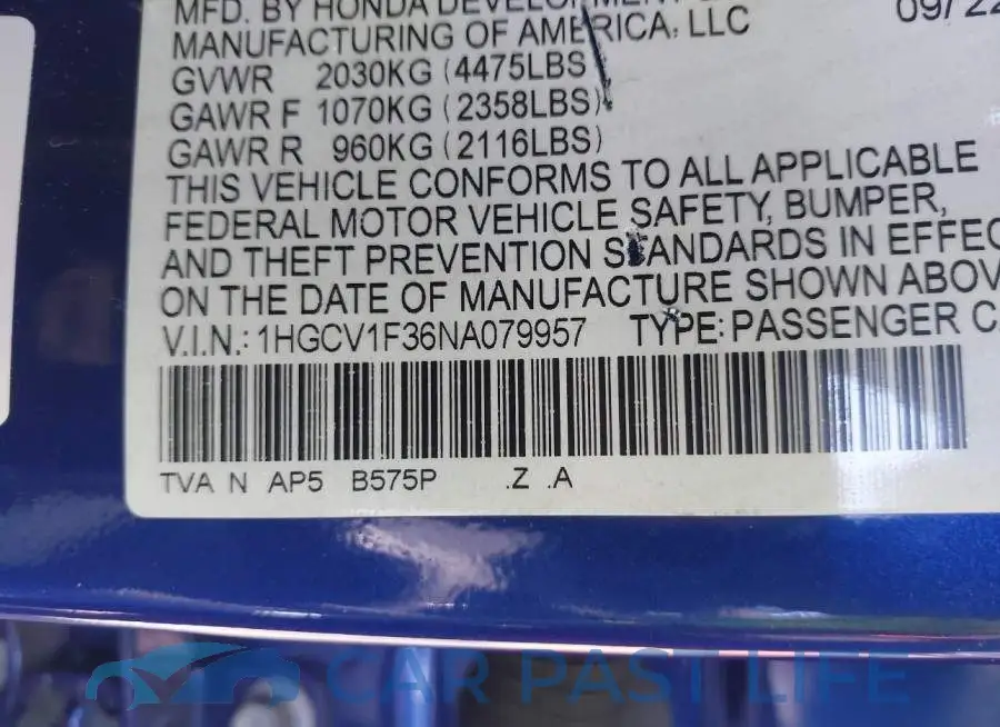 1HGCV1F36NA079957# 9