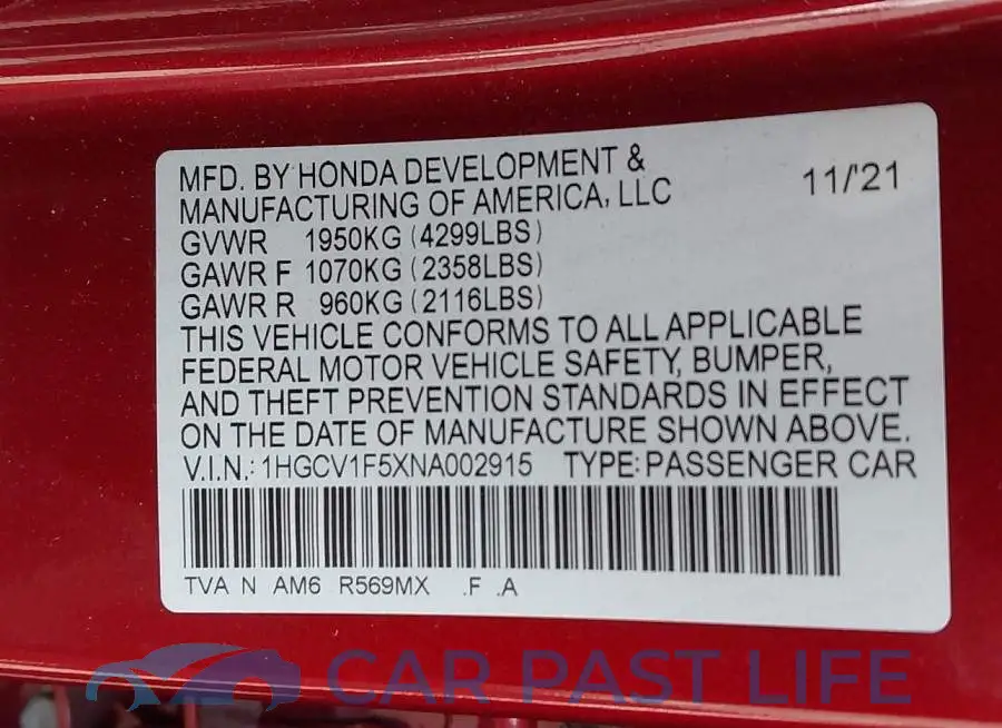 1HGCV1F5XNA002915# 9
